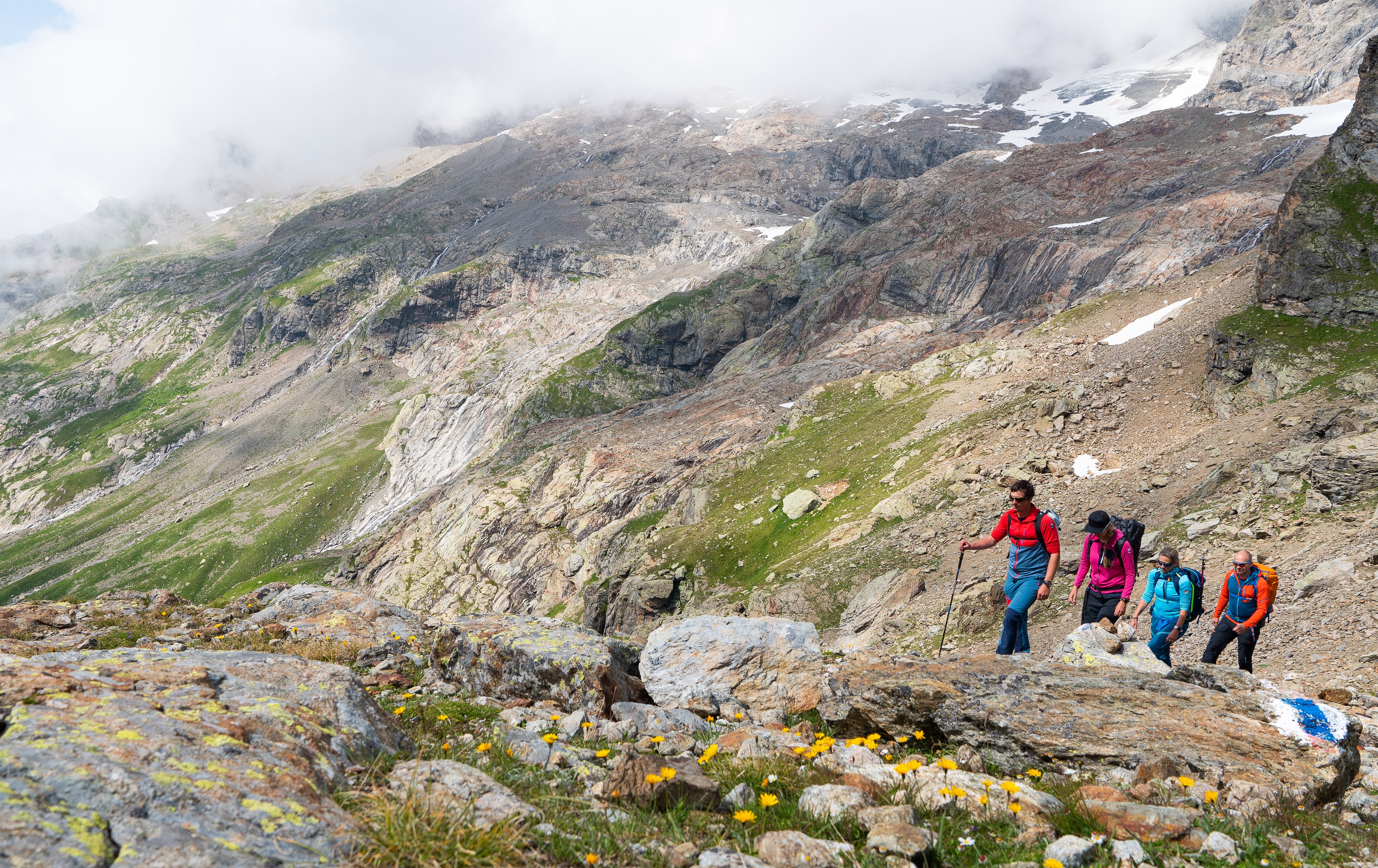 Group of hikers following a blue-white marked hiking path